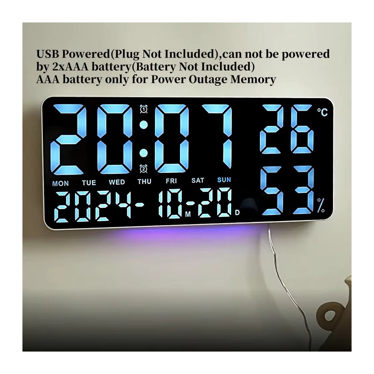 Digitale Wanduhr von NieNie in Beige und Schwarz mit LED-Beleuchtung, Stimmungslicht, Fernbedienung, Dual-Alarm, Timer und Countdown, modern und wandmontiert - Bild 2