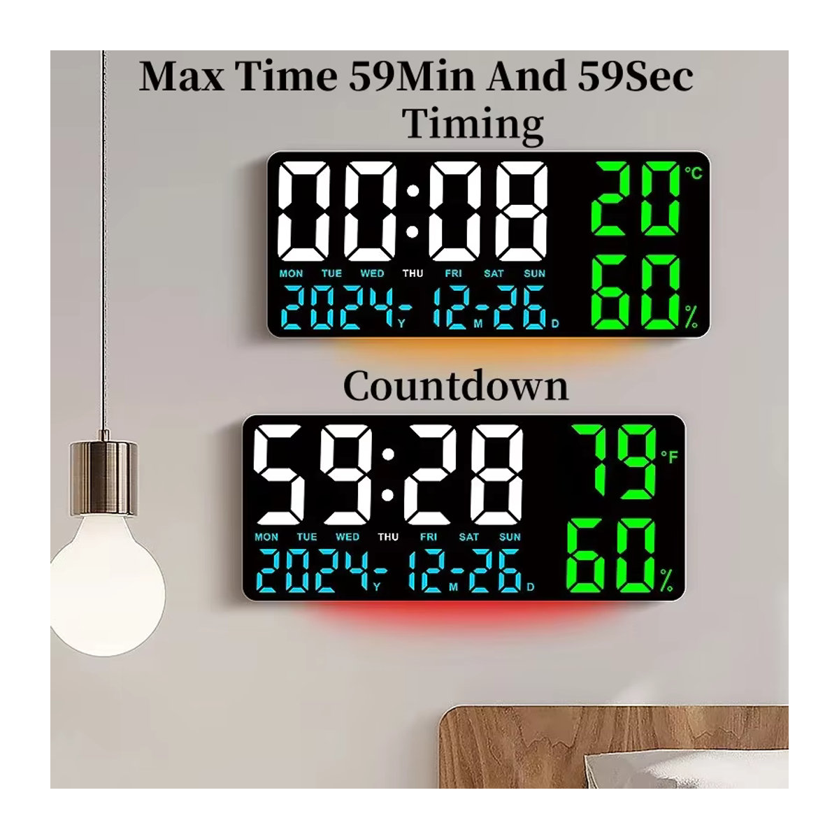 Digitale Wanduhr von NieNie in Beige und Schwarz mit LED-Beleuchtung, Stimmungslicht, Fernbedienung, Dual-Alarm, Timer und Countdown, modern und wandmontiert - Bild 3