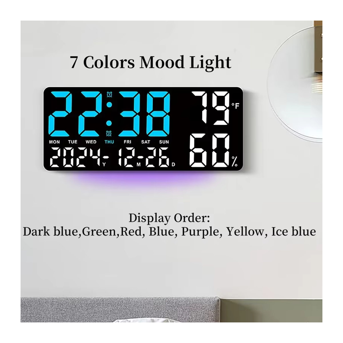 Digitale Wanduhr von NieNie in Beige und Schwarz mit LED-Beleuchtung, Stimmungslicht, Fernbedienung, Dual-Alarm, Timer und Countdown, modern und wandmontiert - Bild 4