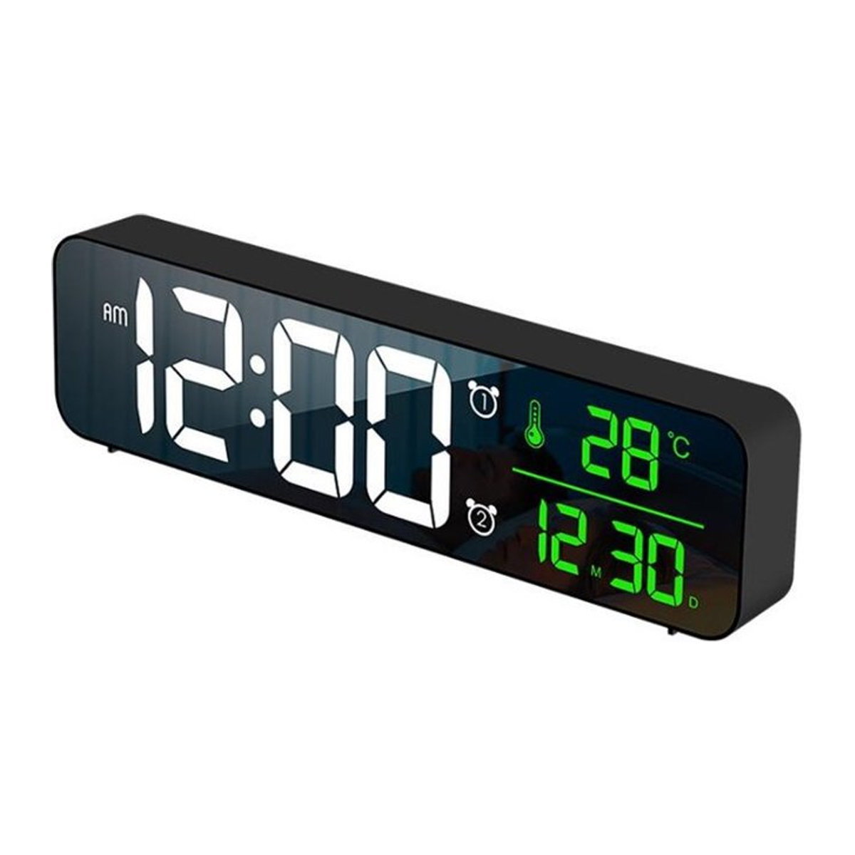 Digitaler LED Wecker mit Temperatur- und Datumsanzeige sowie Schlummerfunktion, Spiegel-Design, Schwarz/Grün, USB-Betrieb - Bild 1