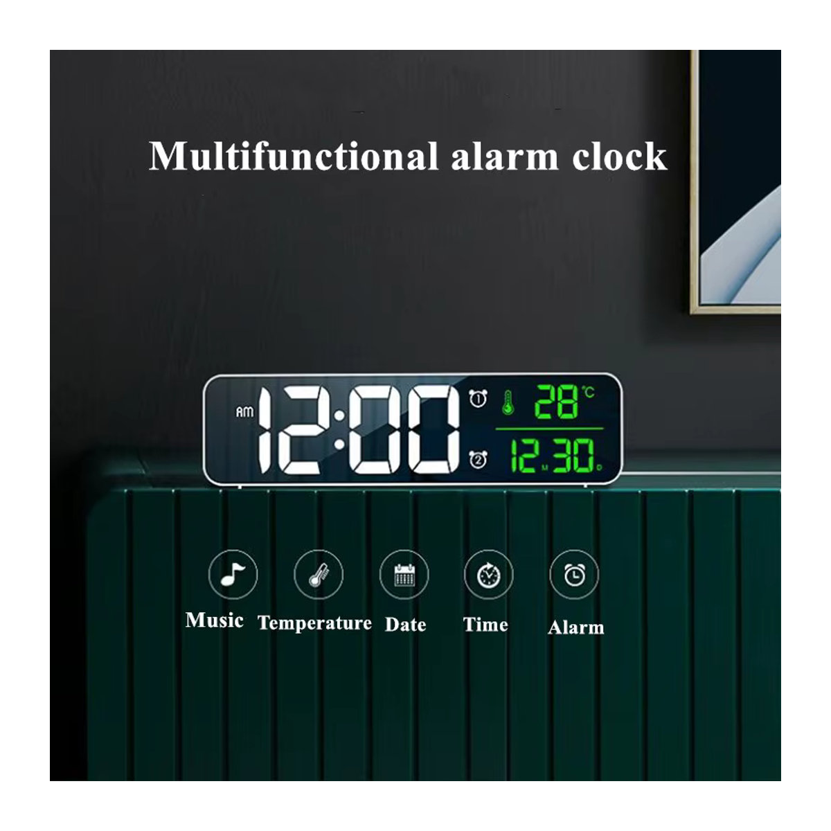 Digitaler LED Wecker mit Temperatur- und Datumsanzeige sowie Schlummerfunktion, Spiegel-Design, Schwarz/Grün, USB-Betrieb - Bild 2