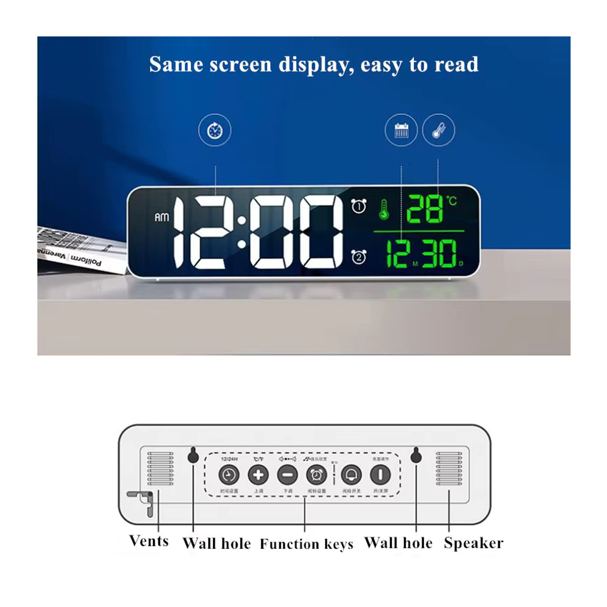 Digitaler LED Wecker mit Temperatur- und Datumsanzeige sowie Schlummerfunktion, Spiegel-Design, Schwarz/Grün, USB-Betrieb - Bild 3