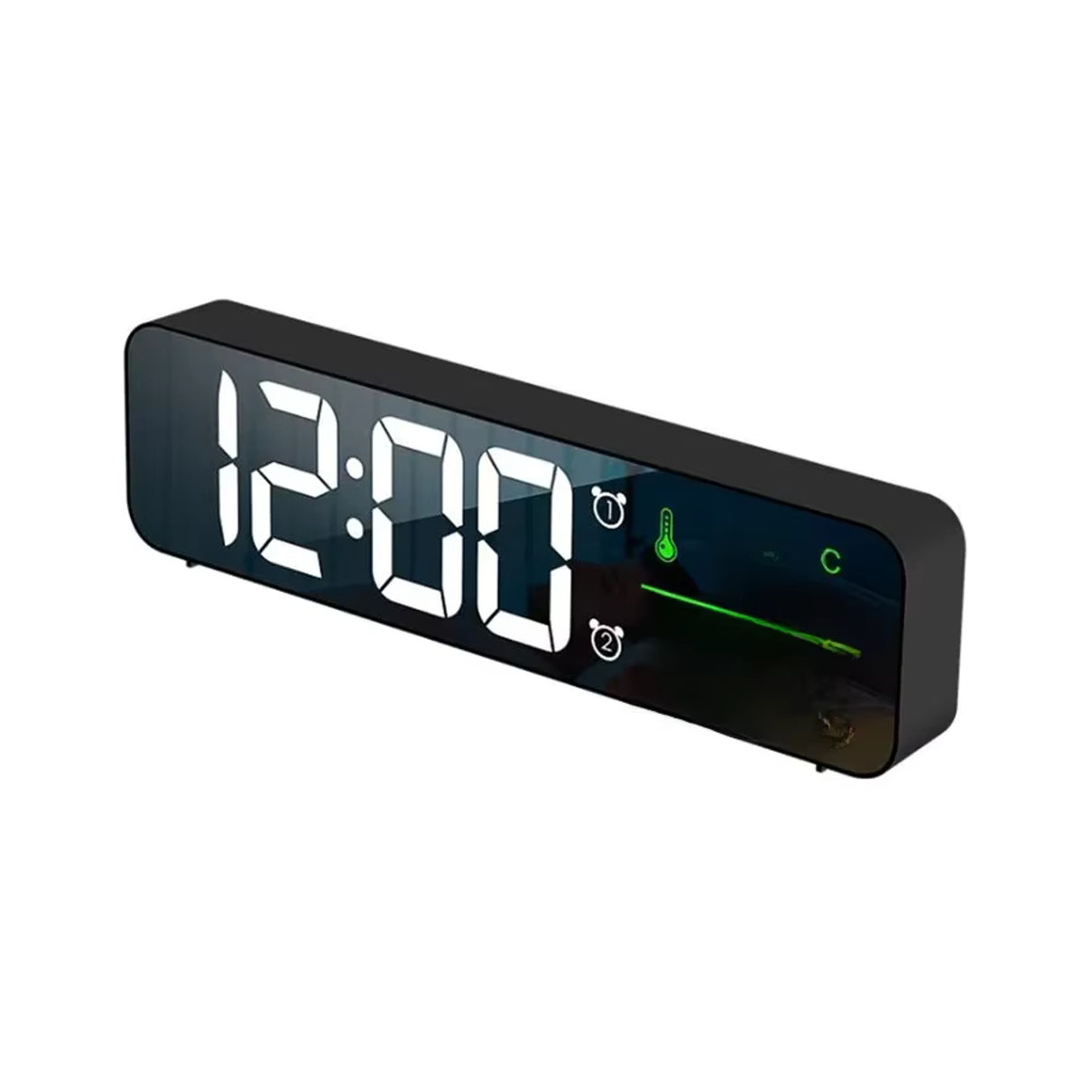 Digitaler LED Wecker mit Temperatur- und Datumsanzeige sowie Schlummerfunktion, Spiegel-Design, Schwarz/Grün, USB-Betrieb - Bild 6