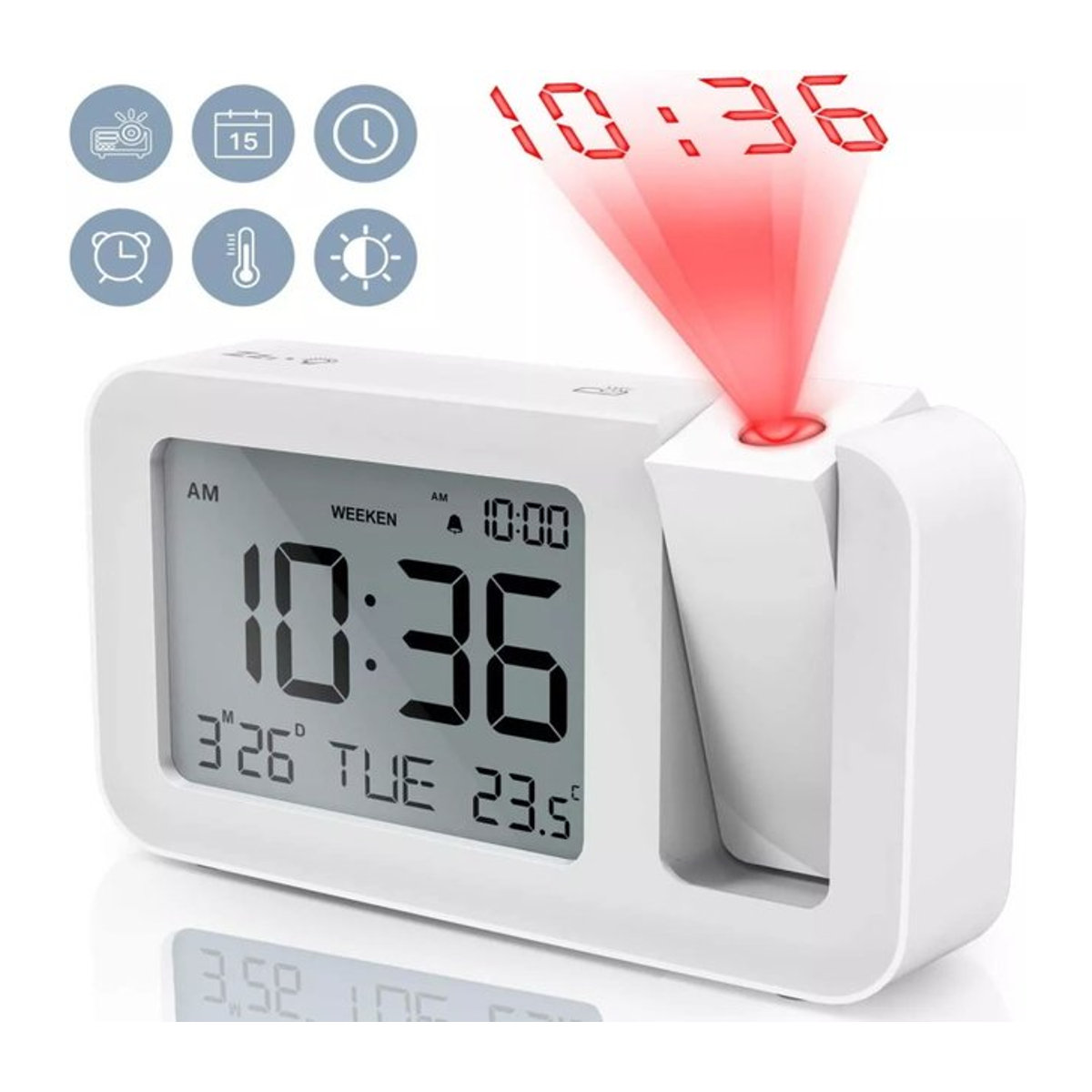 Digitaler Projektionswecker von NOKLEAD in Weiß, wiederaufladbar mit LED-USB-Ladegerät für Nachttisch und Büro - Bild 1