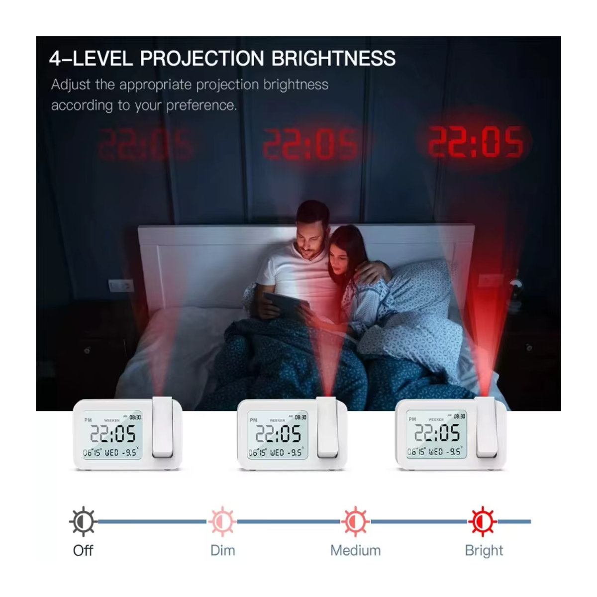 Digitaler Projektionswecker von NOKLEAD in Weiß, wiederaufladbar mit LED-USB-Ladegerät für Nachttisch und Büro - Bild 4