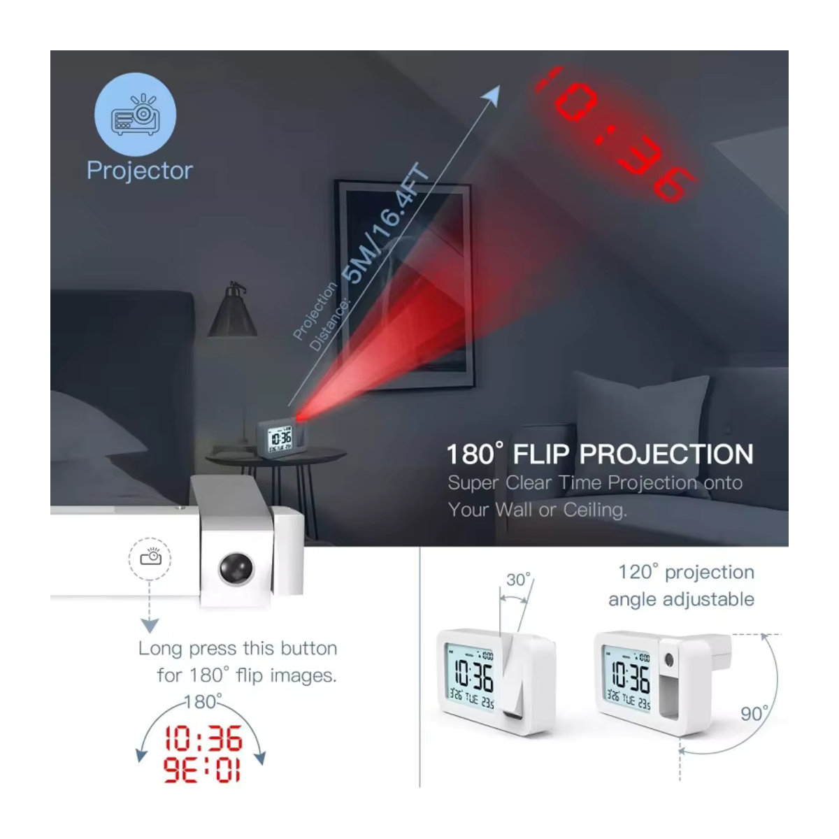 Digitaler Projektionswecker von NOKLEAD in Weiß, wiederaufladbar mit LED-USB-Ladegerät für Nachttisch und Büro - Bild 6