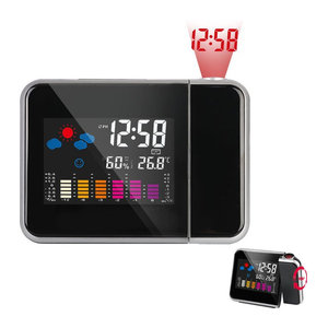 Digitaler Wecker mit Farbdisplay und Zeitprojektion in Schwarz mit Wetterstation und modernem Design