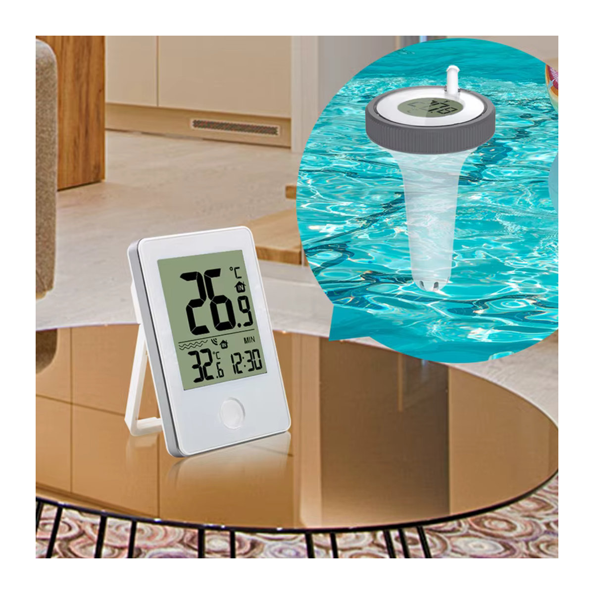 Digitales schwimmendes Pool-Thermometer von easyover mit LCD-Anzeige und Fernbedienung für Pool, Spa, Badewanne und Aquarium zur Überwachung der Innen- und Außentemperatur - Bild 3