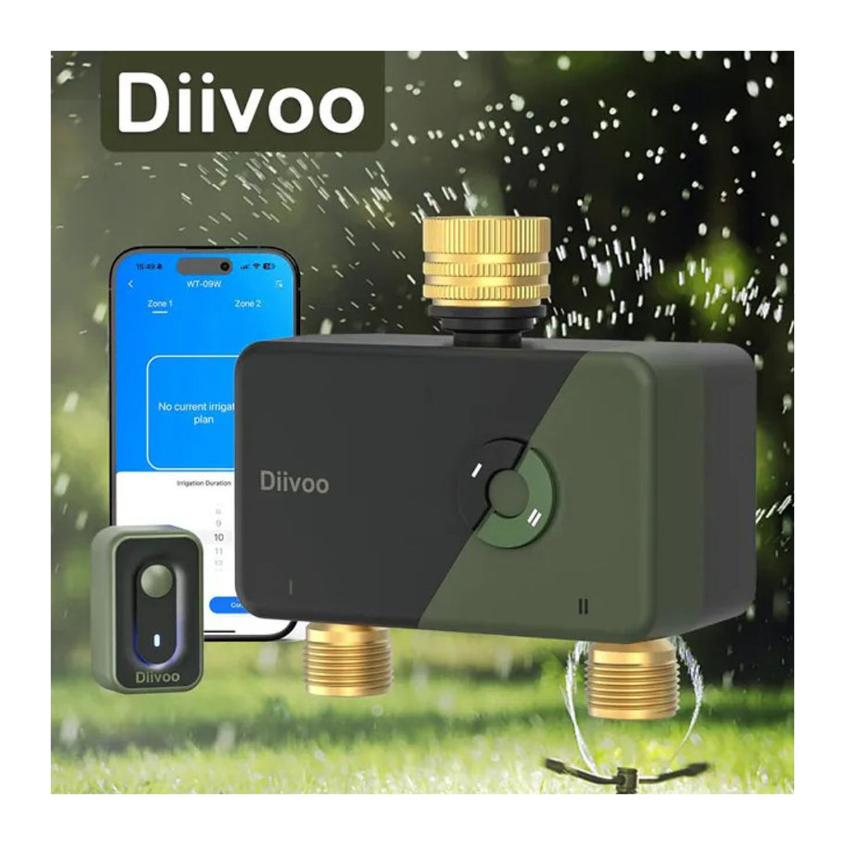 Diivoo WLAN-Bewässerungstimer für 2 Zonen, intelligenter programmierbarer automatischer Bewässerungscontroller für deinen Garten in Schwarz mit Messing-Elementen - Bild 1