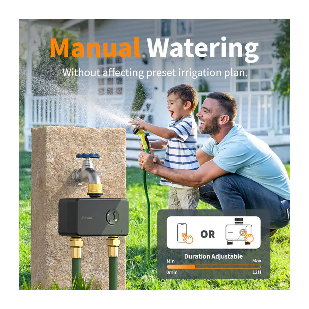 Diivoo WLAN-Bewässerungstimer für 2 Zonen, intelligenter programmierbarer automatischer Bewässerungscontroller für deinen Garten in Schwarz mit Messing-Elementen - Bild 6