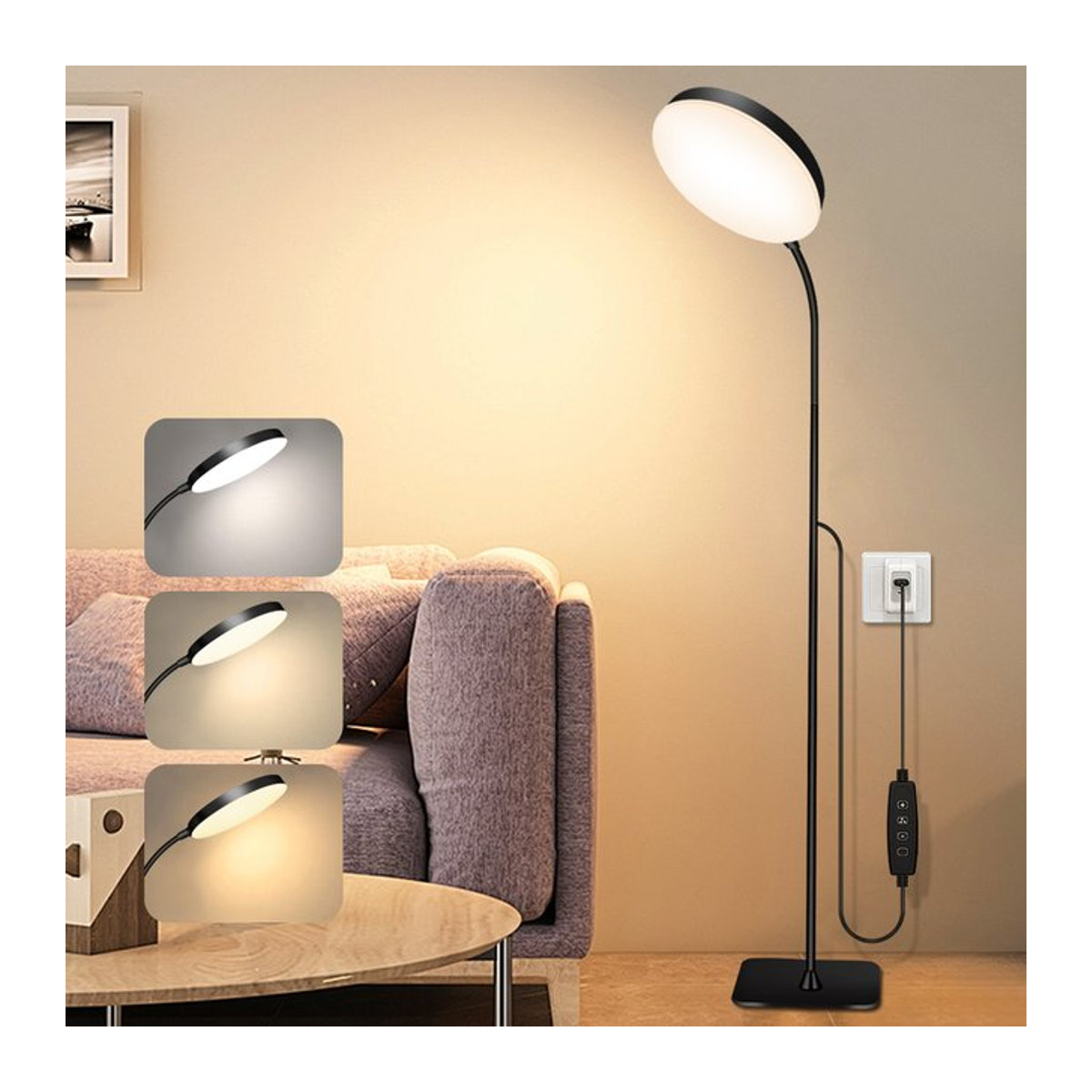 Dimmbare LED-Stehlampe von AMARYLLIS in Schwarz mit flexiblem Schwanenhals und minimalistischem Metall-Design als Leseleuchte für Innenräume - Bild 1