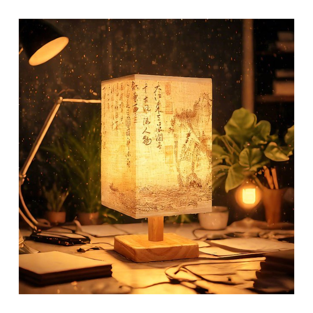 Dimmbare LED Tischlampe im chinesischen Stil mit quadratischem Stofflampenschirm für dein Schlafzimmer - Bild 1