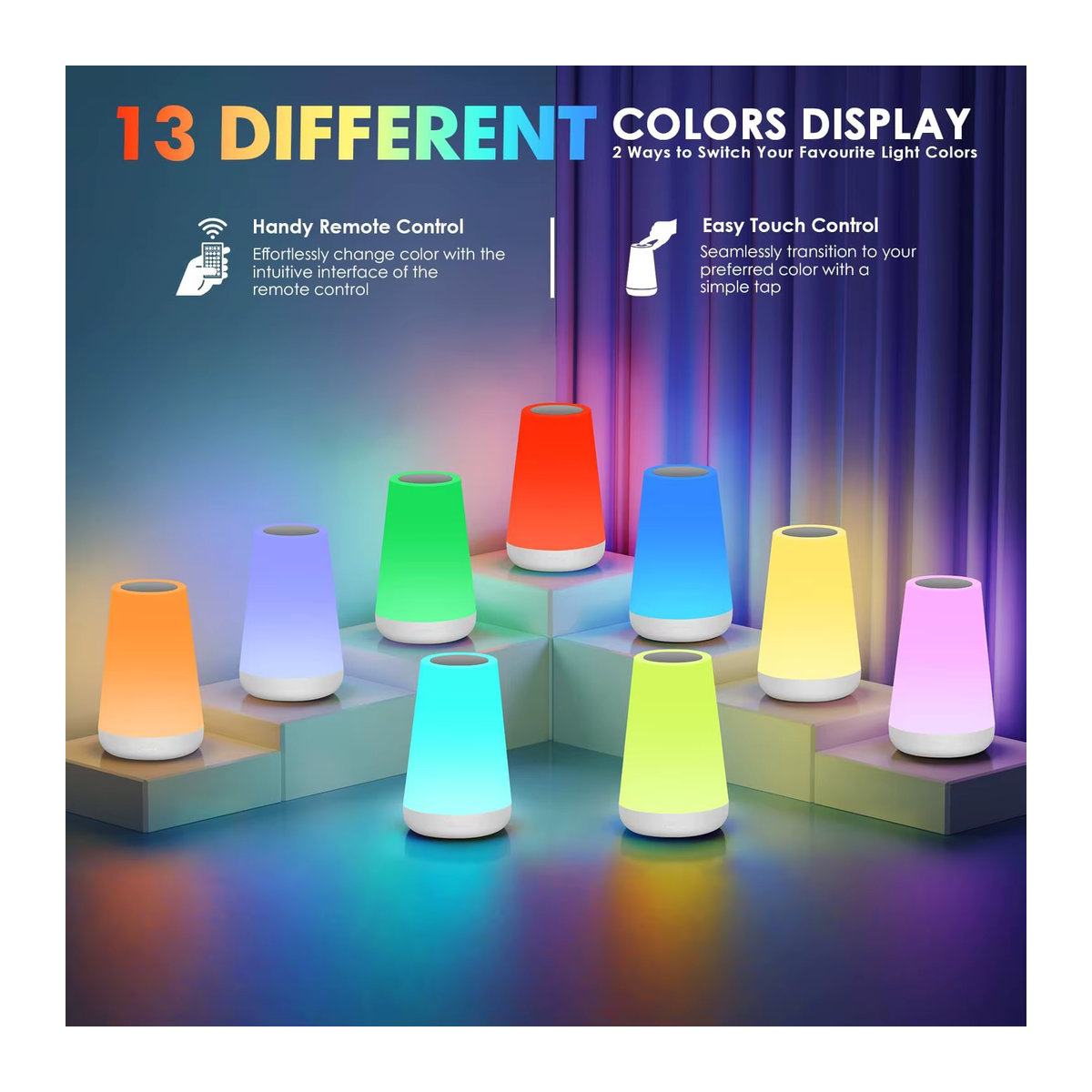 Dimmbares LED-Nachtlicht von DBF mit 13 Farbwechseln, Touch-Steuerung und Fernbedienung, USB-betrieben, ideal als Nachttischlampe für Schlafzimmer, Camping und Dekoration - Bild 2
