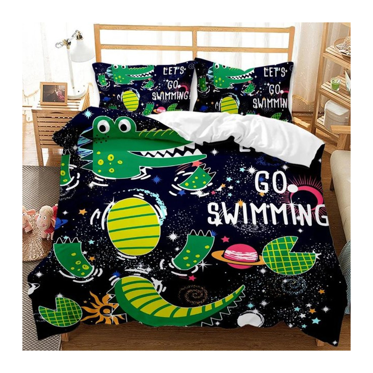 Dinosaurier Bettwäsche-Set für Kinder mit Basketball spielendem Tyrannosaurus aus Polyester, 3-teilig, B: 135 cm, L: 200 cm - Bild 1