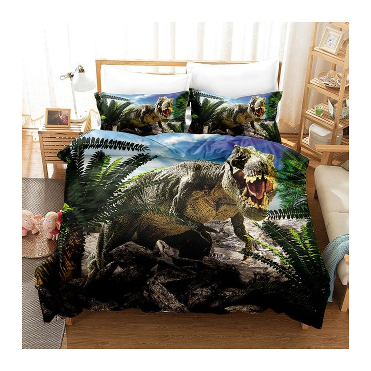 Dinosaurier Bettwäsche Set Jurassic Zeitalter aus Mikrofaser mit T-Rex und Raptoren für Kinder, Bettbezug und 2 Kissenbezüge, B/H: 180 x 210 cm - Bild 1