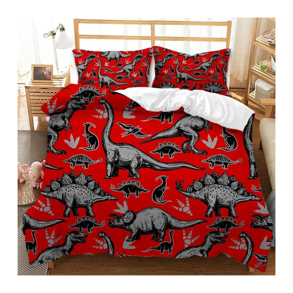 Dinosaurier Bettwäsche Set mit T-Rex und Jura Fossil Design aus weichem Polyester, 2-teilig, Breite: 133 cm, Länge: 200 cm (Anpassung der Maße basierend auf Standard-Queen/King-Logik nicht möglich, daher nur Originalmaß): 70 x 133 cm - Bild 1