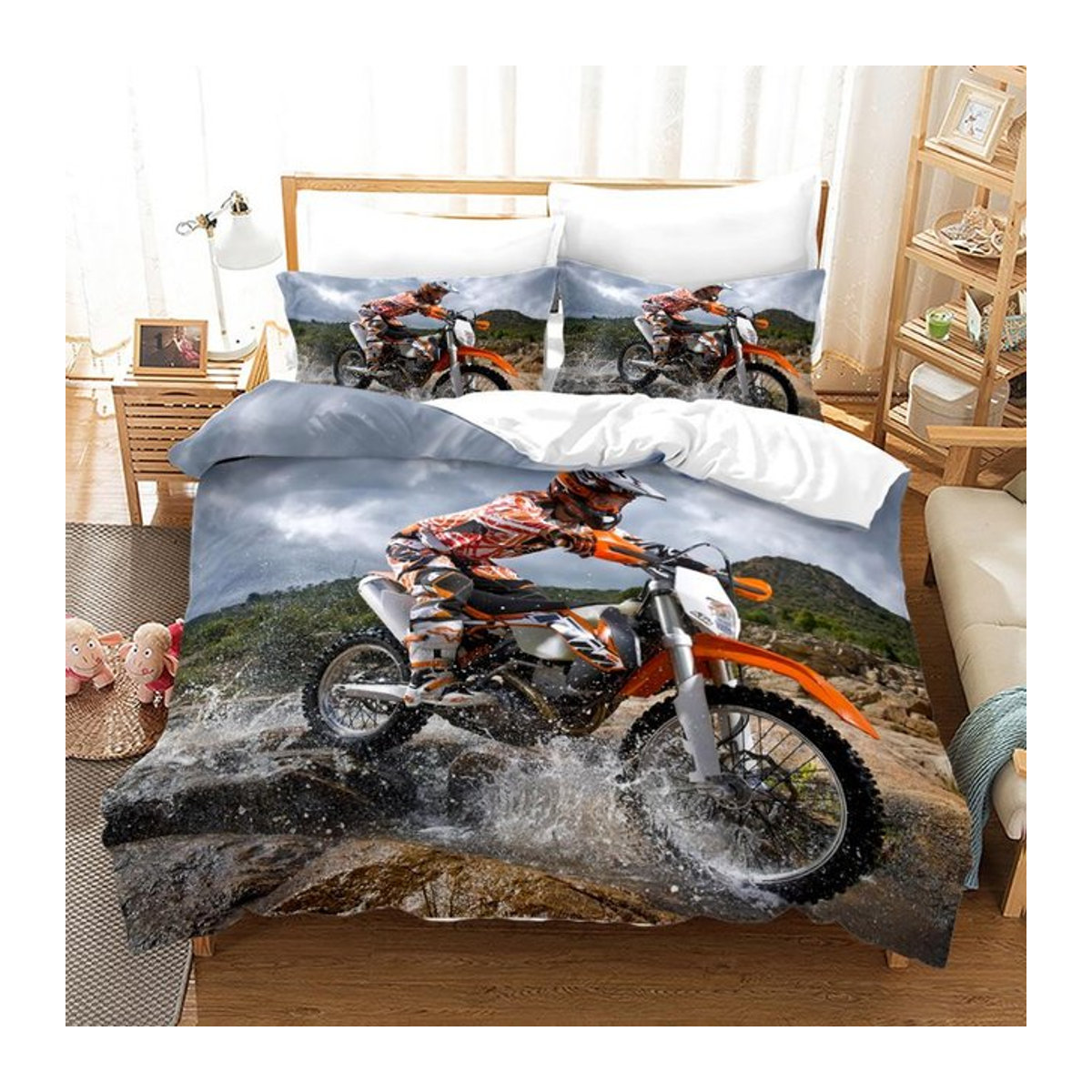 Dirtbike Bettwäsche-Set Motocross Bettbezug mit Kissenbezug aus Polyester für Jungen, EU Single, B: 135 cm, L: 200 cm - Bild 1