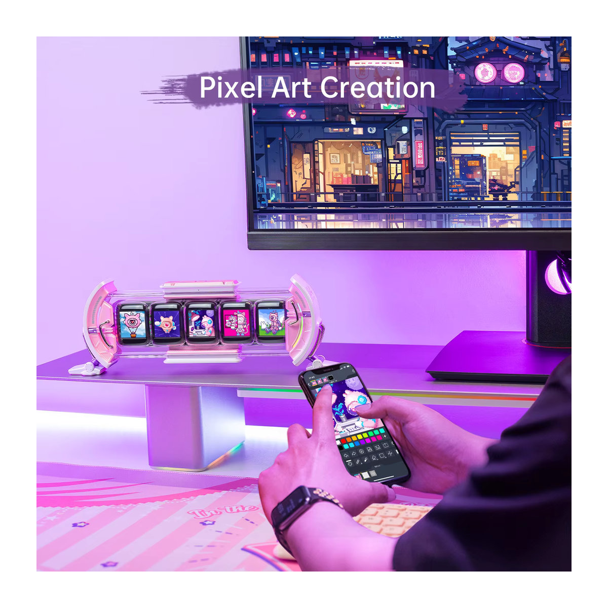 Divoom Times Gate Gaming Digitaluhr mit DIY-Bildschirmen und Wettervorhersage in Rosa - Bild 2