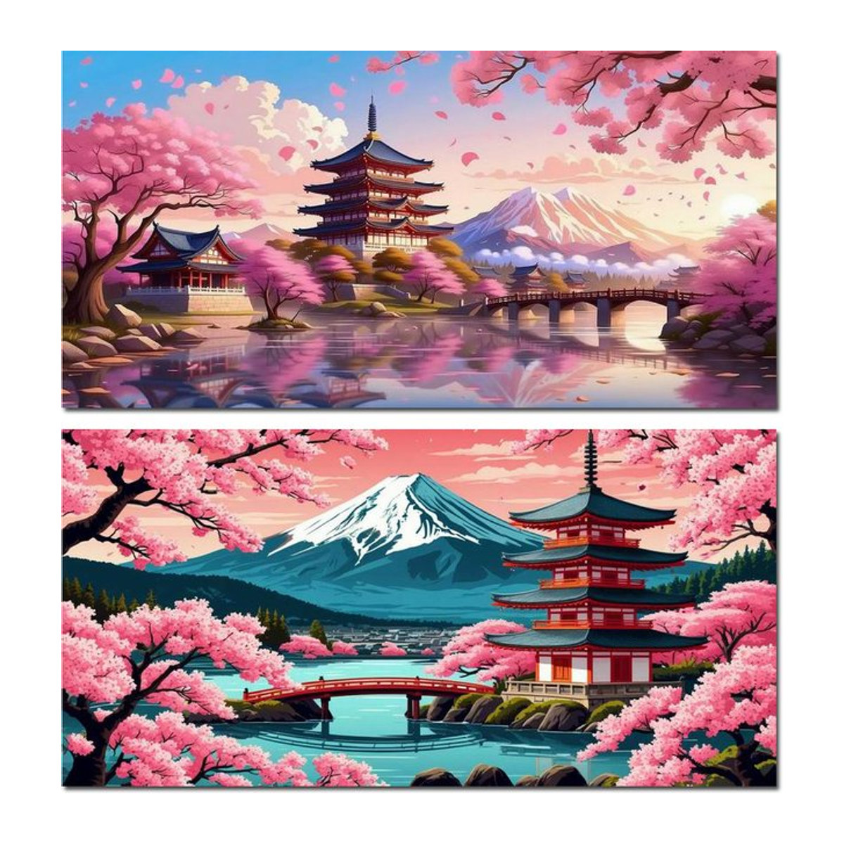 DIY Diamond Painting Set Mount Fuji Landschaft mit rosa Kirschblüten und Tempel, Mosaik Stickerei Bild, B: 200 cm, H: 110 cm - Bild 1