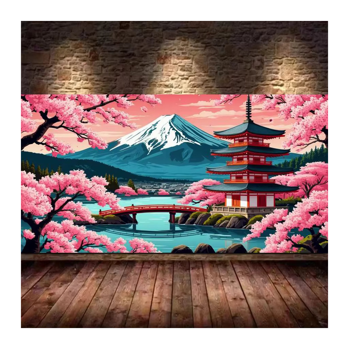 DIY Diamond Painting Set Mount Fuji Landschaft mit rosa Kirschblüten und Tempel, Mosaik Stickerei Bild, B: 200 cm, H: 110 cm - Bild 2