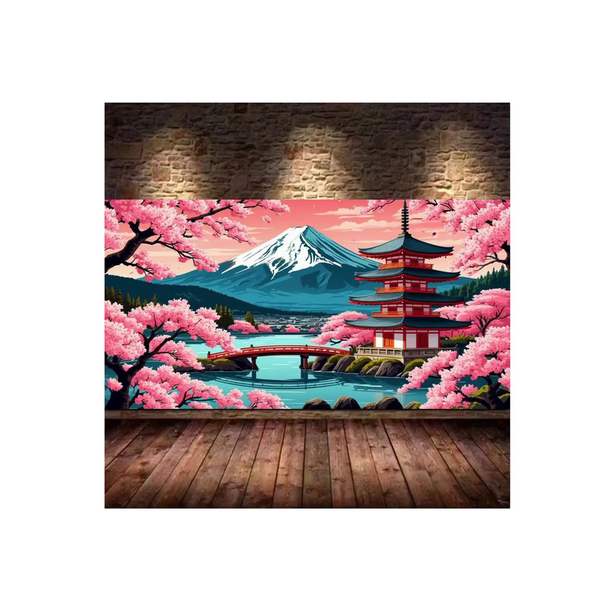 DIY Diamond Painting Set Mount Fuji Landschaft mit rosa Kirschblüten und Tempel, Mosaik Stickerei Bild, B: 200 cm, H: 110 cm - Bild 3