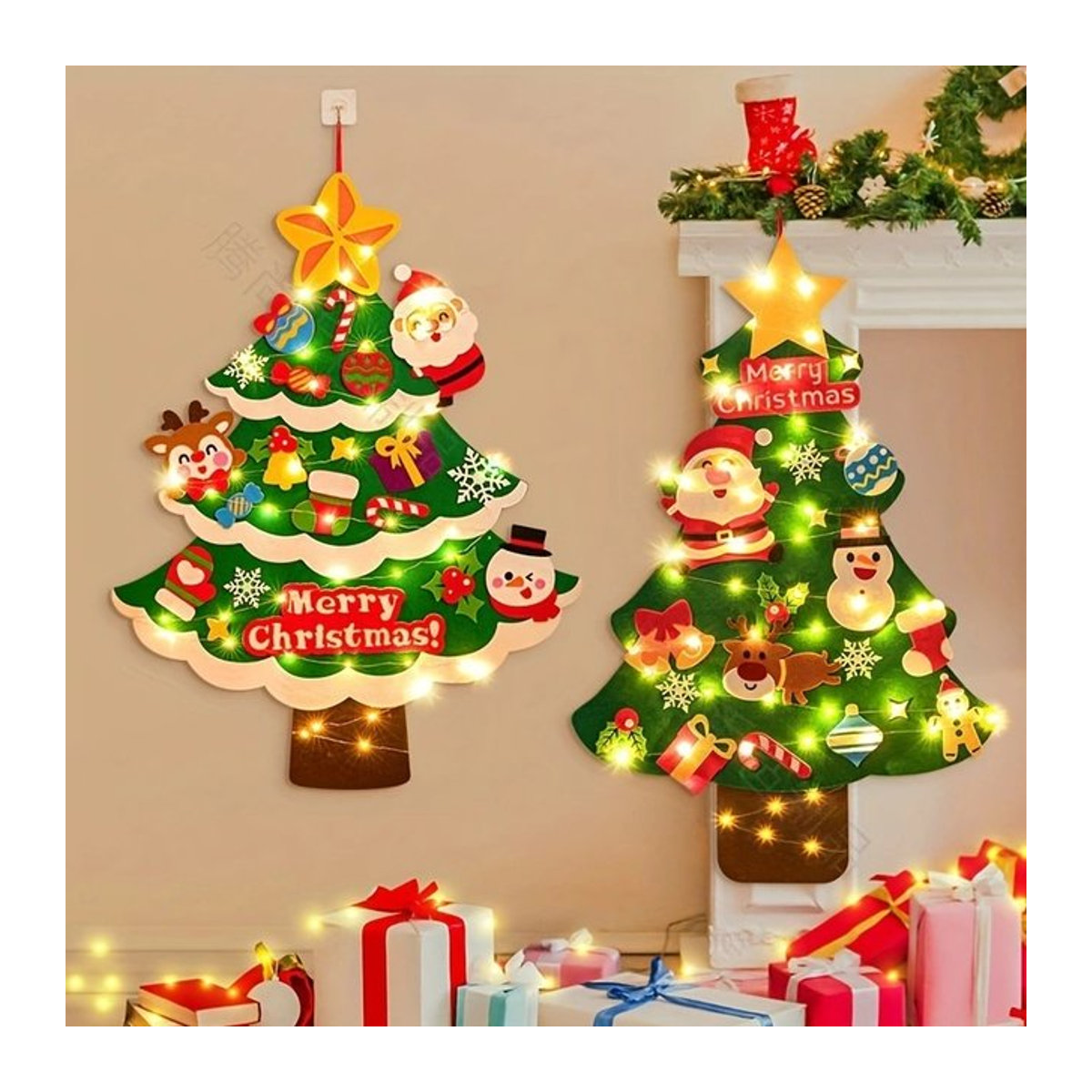 DIY Filz Weihnachtsbaum Wandbehang mit Schnur und Licht in Grün als Bastelset für Kinder - Bild 1