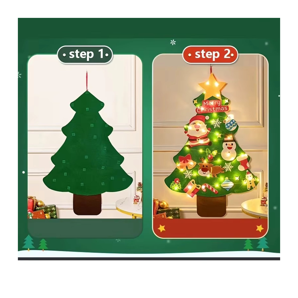 DIY Filz Weihnachtsbaum Wandbehang mit Schnur und Licht in Grün als Bastelset für Kinder - Bild 4