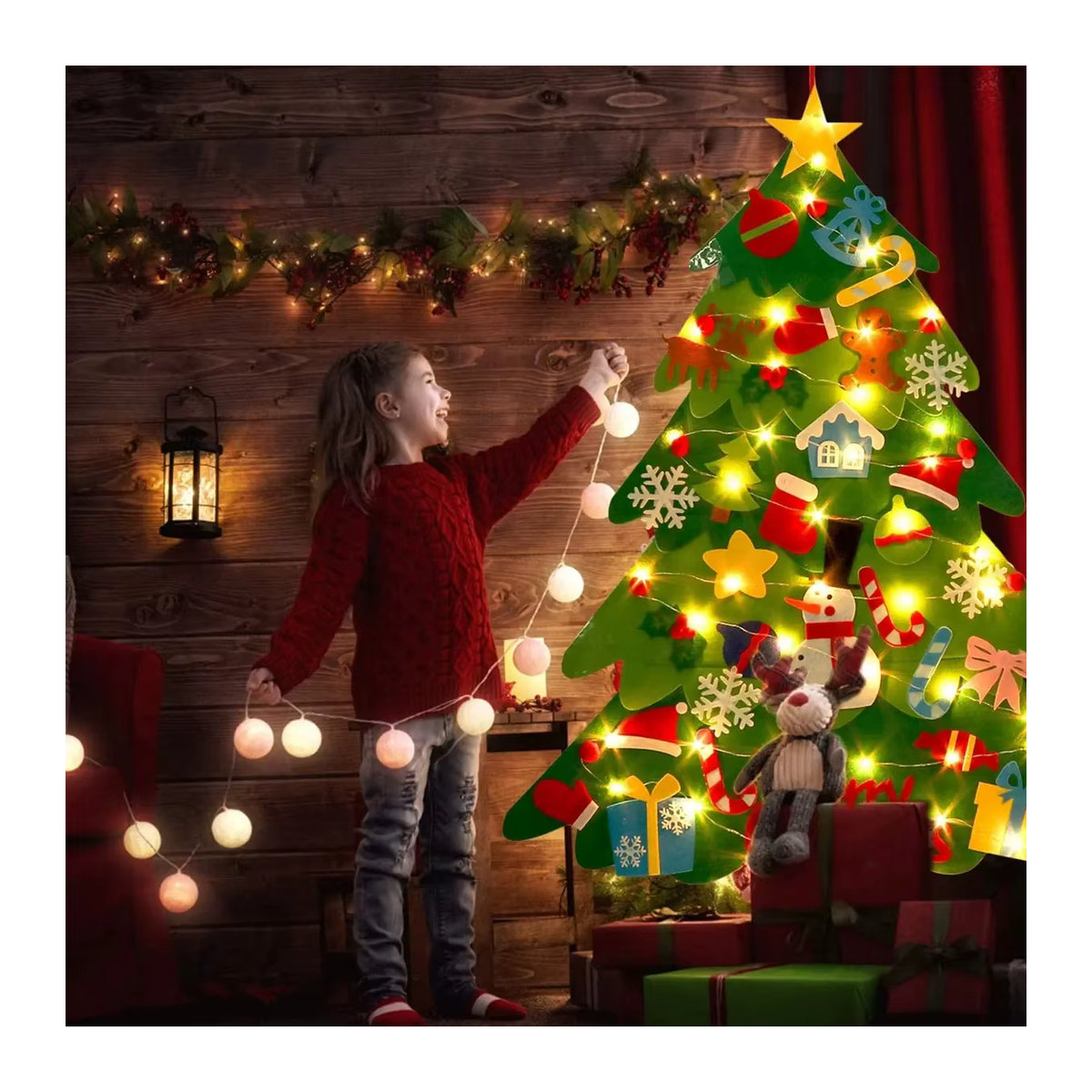 DIY Filz Weihnachtsbaum Wandbehang mit Schnur und Licht in Grün als Bastelset für Kinder - Bild 6