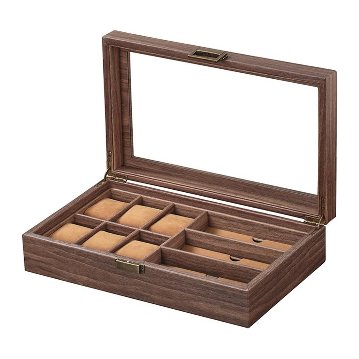 DOKW Organizer aus Holz und braunem PU-Leder mit 6 Uhrenfächern und 3 Sonnenbrillen-Slots als multifunktionale Schmuck-Ausstellungsbox - Bild 1
