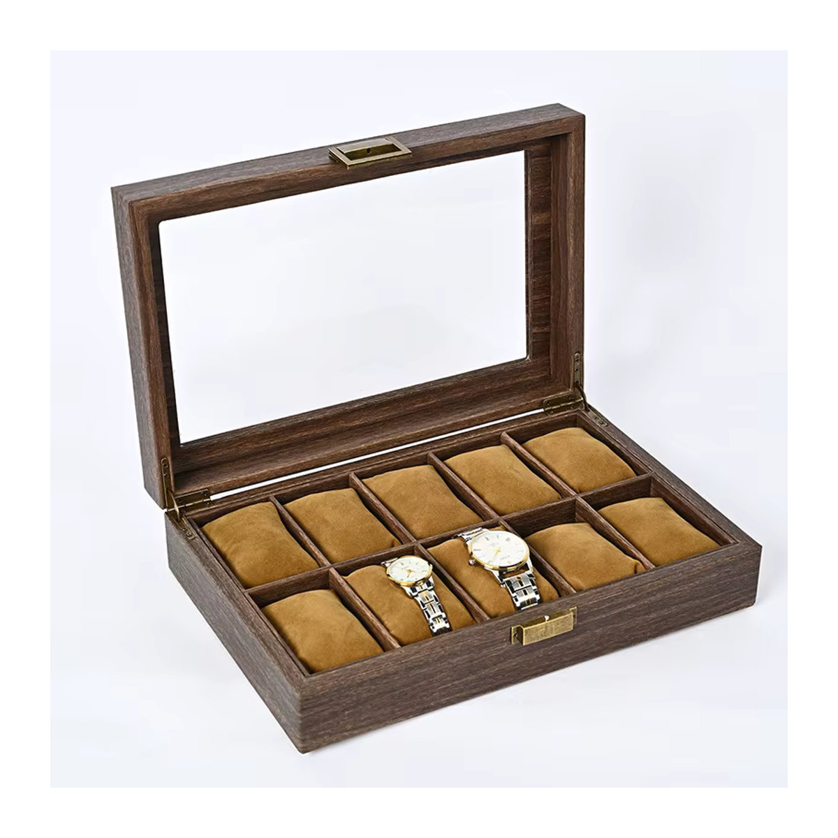 DOKW Organizer aus Holz und braunem PU-Leder mit 6 Uhrenfächern und 3 Sonnenbrillen-Slots als multifunktionale Schmuck-Ausstellungsbox - Bild 2