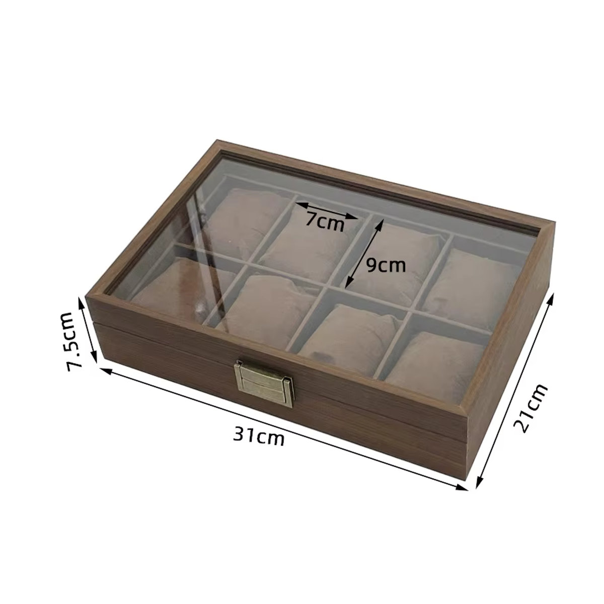 DOKW Organizer aus Holz und braunem PU-Leder mit 6 Uhrenfächern und 3 Sonnenbrillen-Slots als multifunktionale Schmuck-Ausstellungsbox - Bild 3