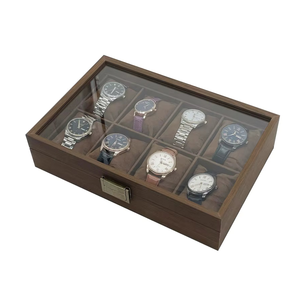 DOKW Organizer aus Holz und braunem PU-Leder mit 6 Uhrenfächern und 3 Sonnenbrillen-Slots als multifunktionale Schmuck-Ausstellungsbox - Bild 4
