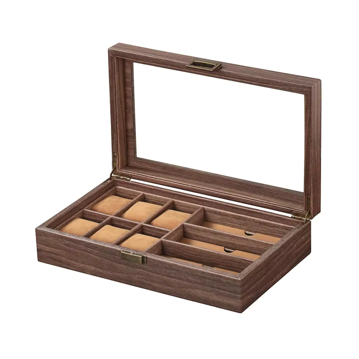 DOKW Organizer aus Holz und braunem PU-Leder mit 6 Uhrenfächern und 3 Sonnenbrillen-Slots als multifunktionale Schmuck-Ausstellungsbox - Bild 5