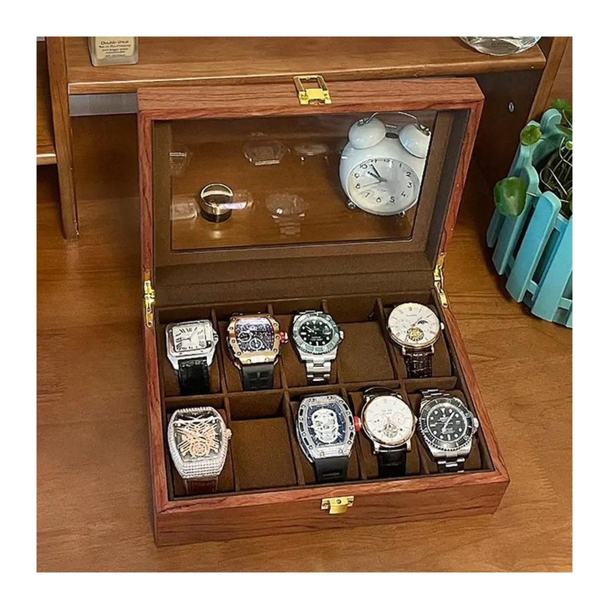 DOKW Schmuck- und Uhrenbox aus Palisander und Walnuss mit Glasdeckel, Braun, 3 Slots - Bild 1