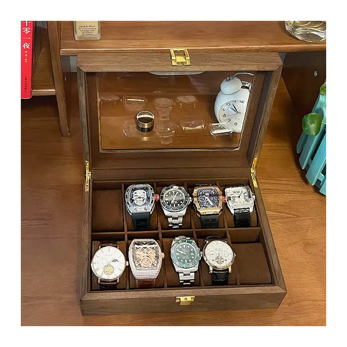 DOKW Schmuck- und Uhrenbox aus Palisander und Walnuss mit Glasdeckel, Braun, 3 Slots - Bild 2