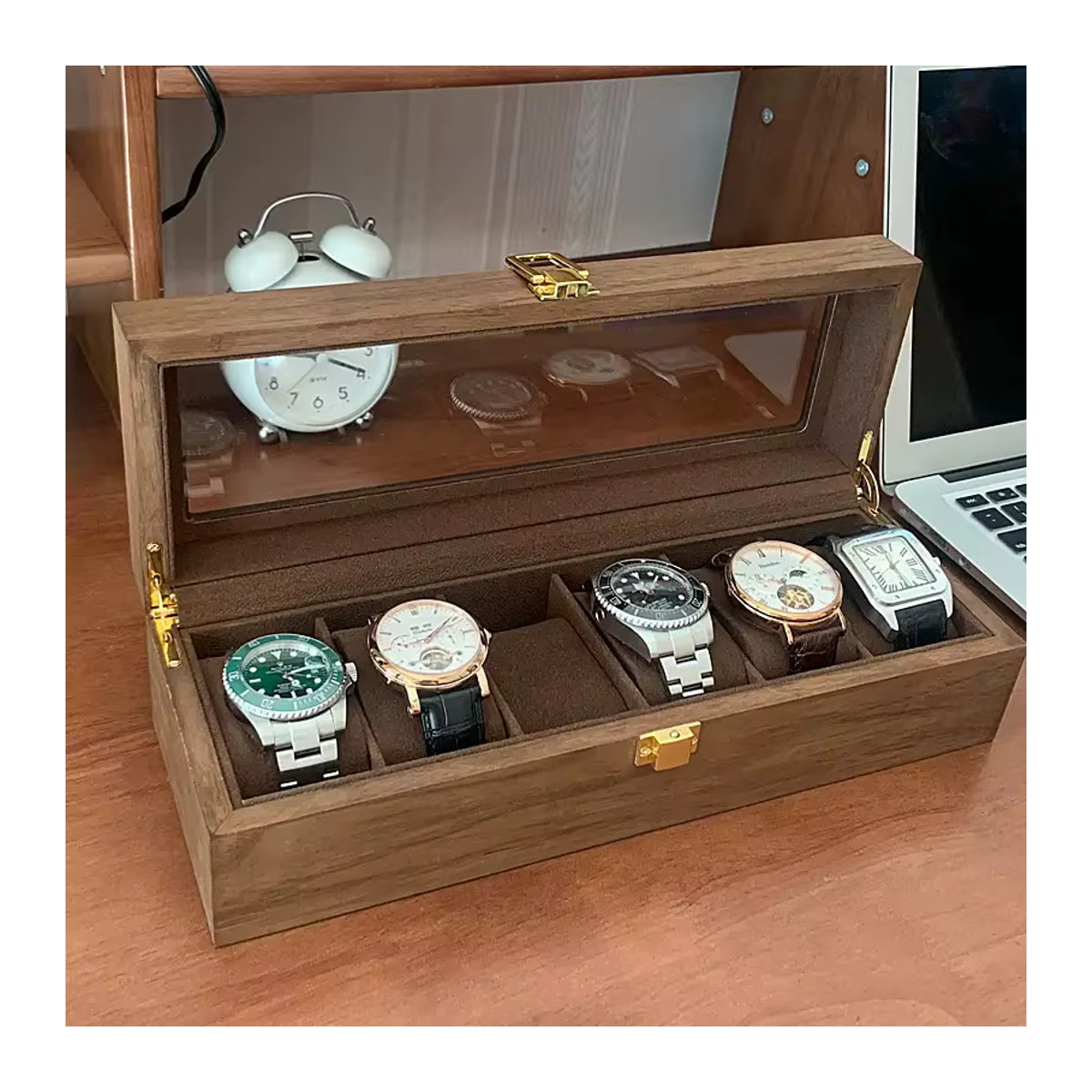 DOKW Schmuck- und Uhrenbox aus Palisander und Walnuss mit Glasdeckel, Braun, 3 Slots - Bild 3