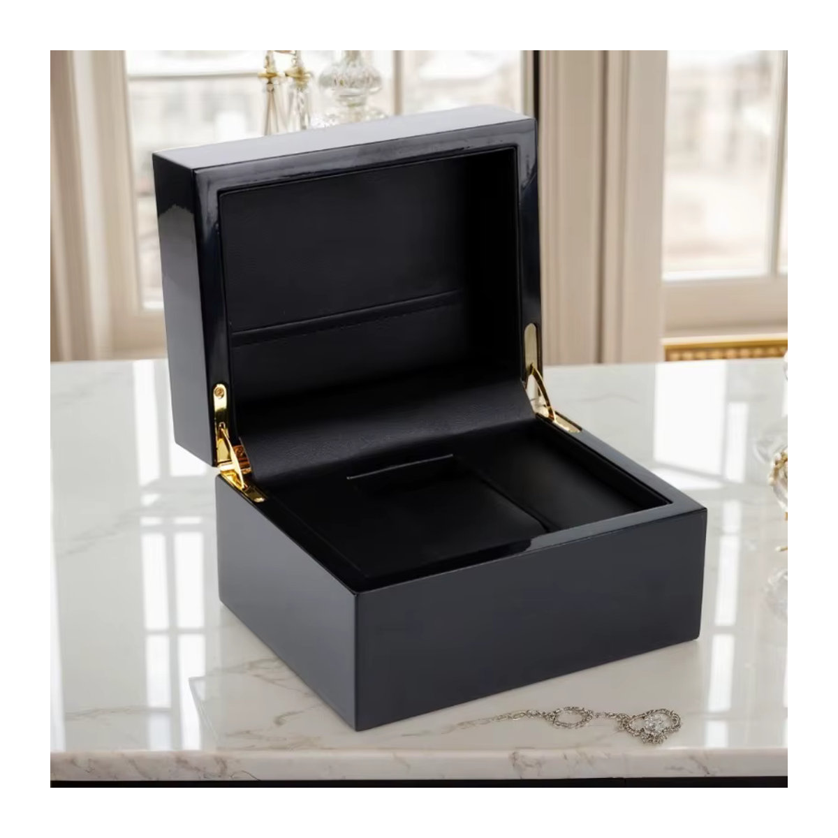 DOKW Uhrenaufbewahrungsbox aus Holz mit Lederfutter in Schwarz als minimalistischer Schmuck-Organizer - Bild 3