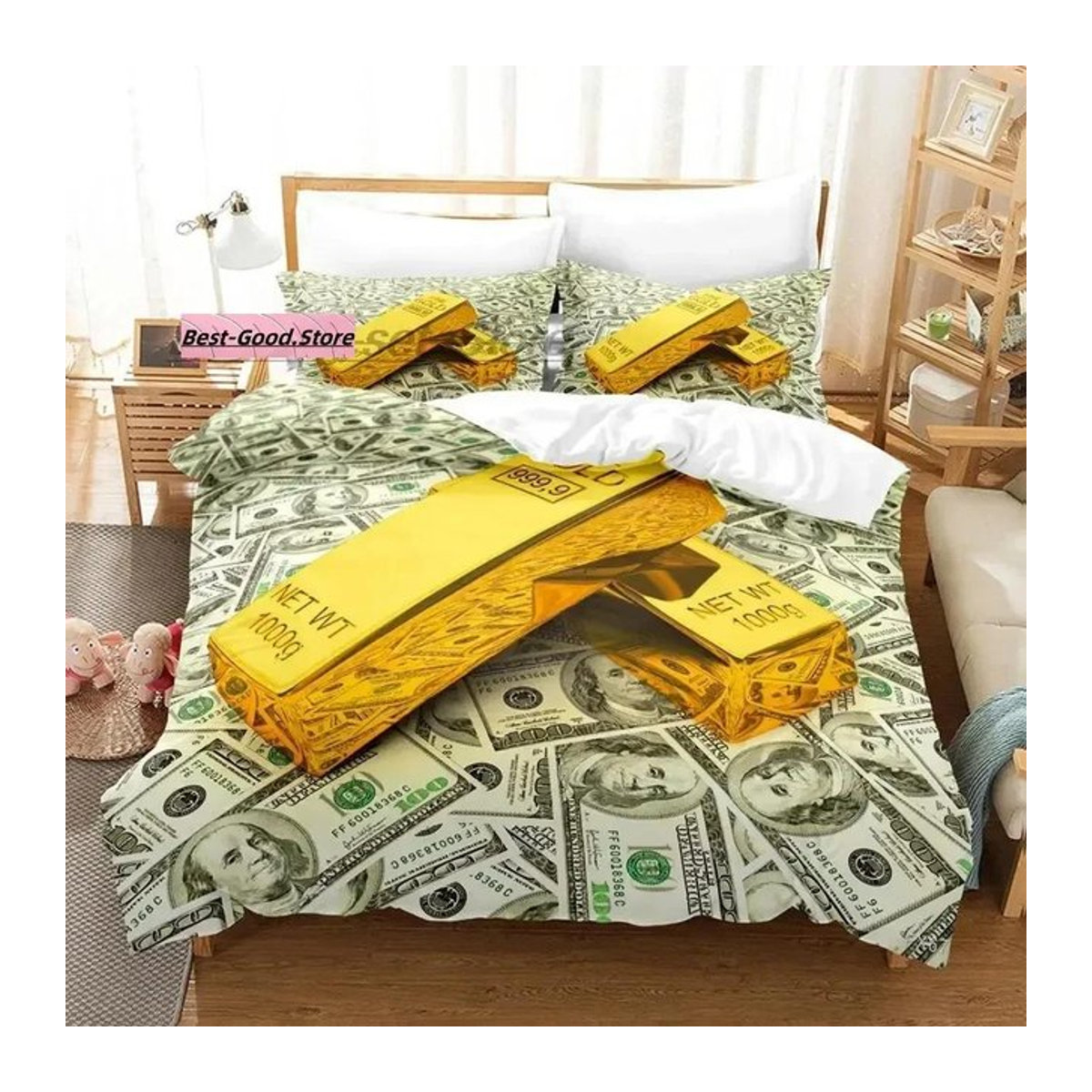 Dollar Bettwäscheset mit 3D-Geldprint für Einzelbetten, 3-teiliges Bettbezugset, B/H: 135 x 200 cm - Bild 1