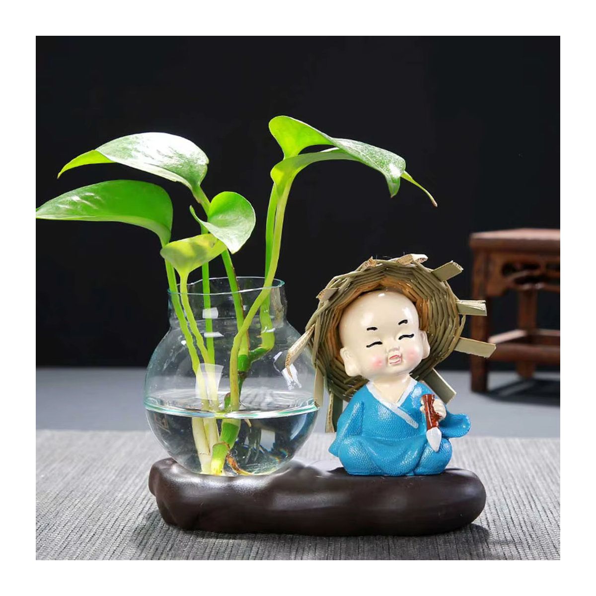DOORSACCERY Glas Vase mit Mönch-Motiv, transparente bauchige Glasvase für Pflanzen und Terrarien, rundes Design für Home Office und Balkon - Bild 2