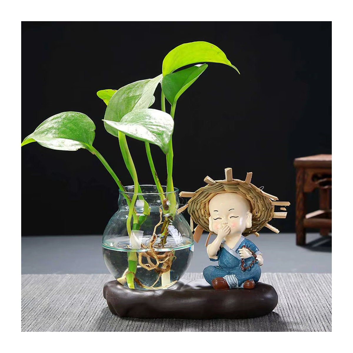 DOORSACCERY Glas Vase mit Mönch-Motiv, transparente bauchige Glasvase für Pflanzen und Terrarien, rundes Design für Home Office und Balkon - Bild 3