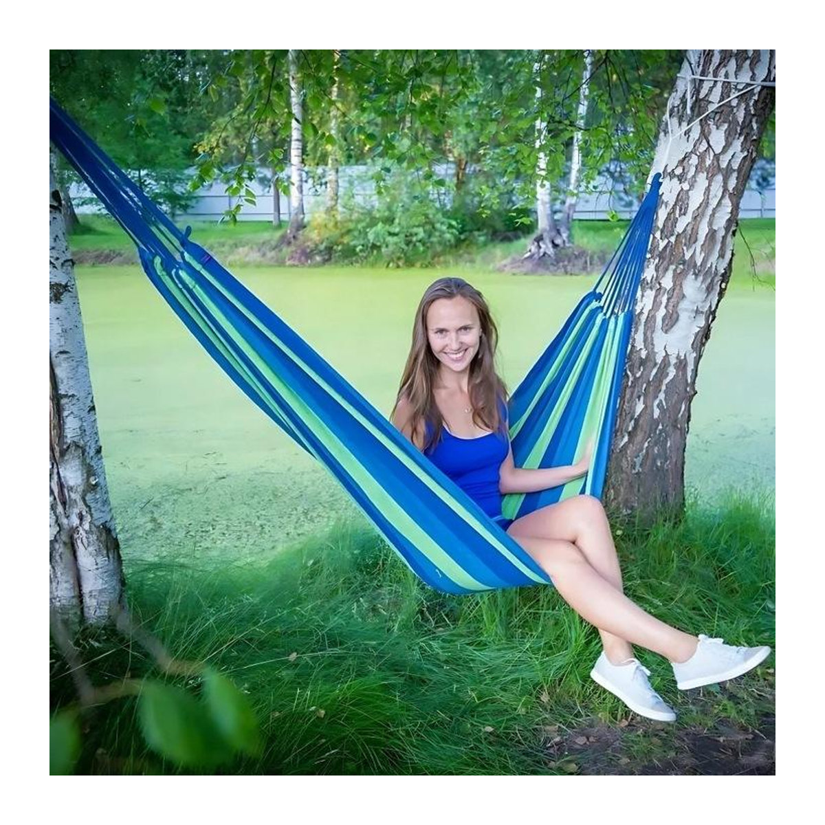 Doppelhängematte Boho Schaukel aus Baumwolle in Blau, XXL 290 cm - Bild 8