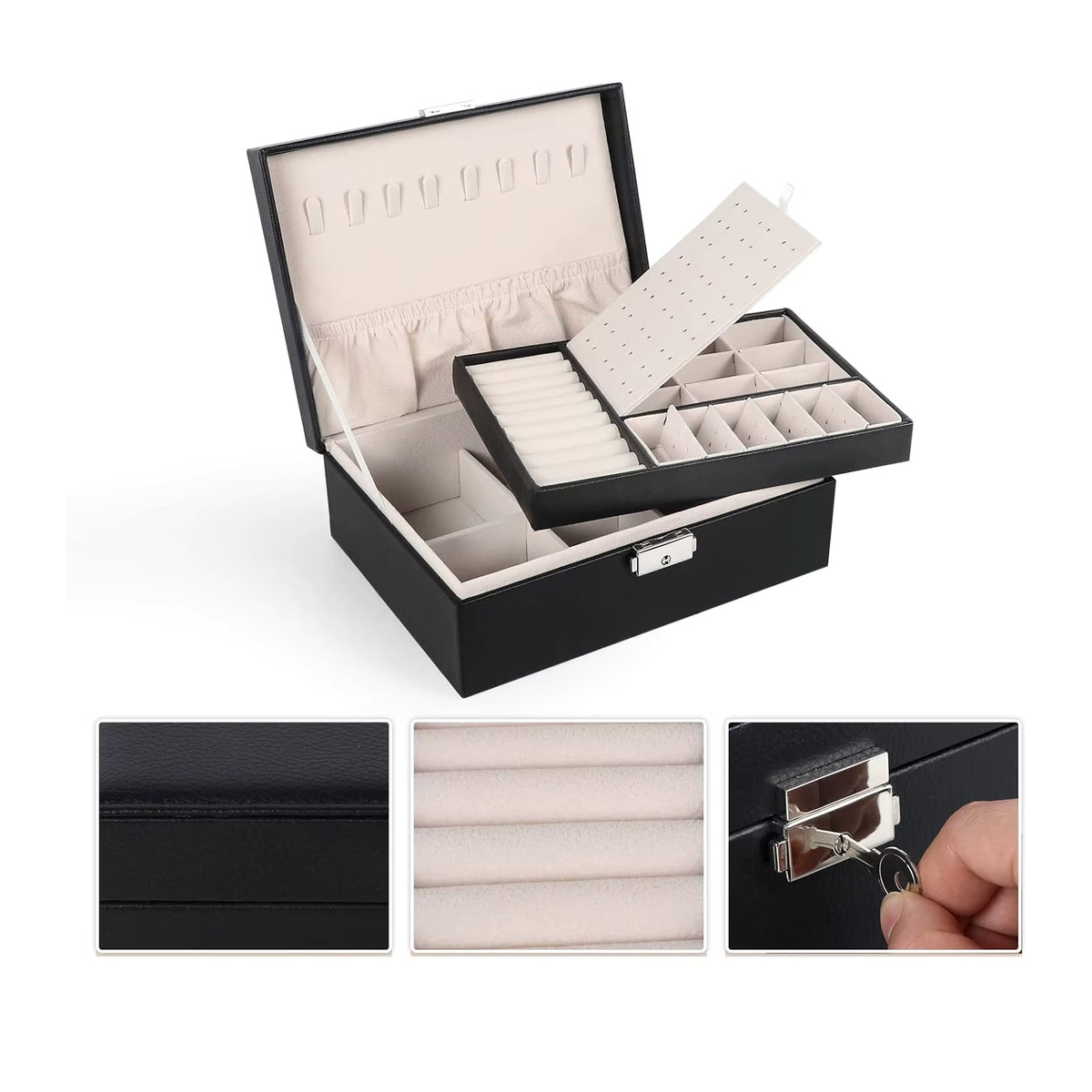 Doppellagige Schmuckschatulle mit Perlenschloss in Dunkelgrün zur Aufbewahrung von Ohrringen, Halsketten, Ringen und Armbändern - Bild 2