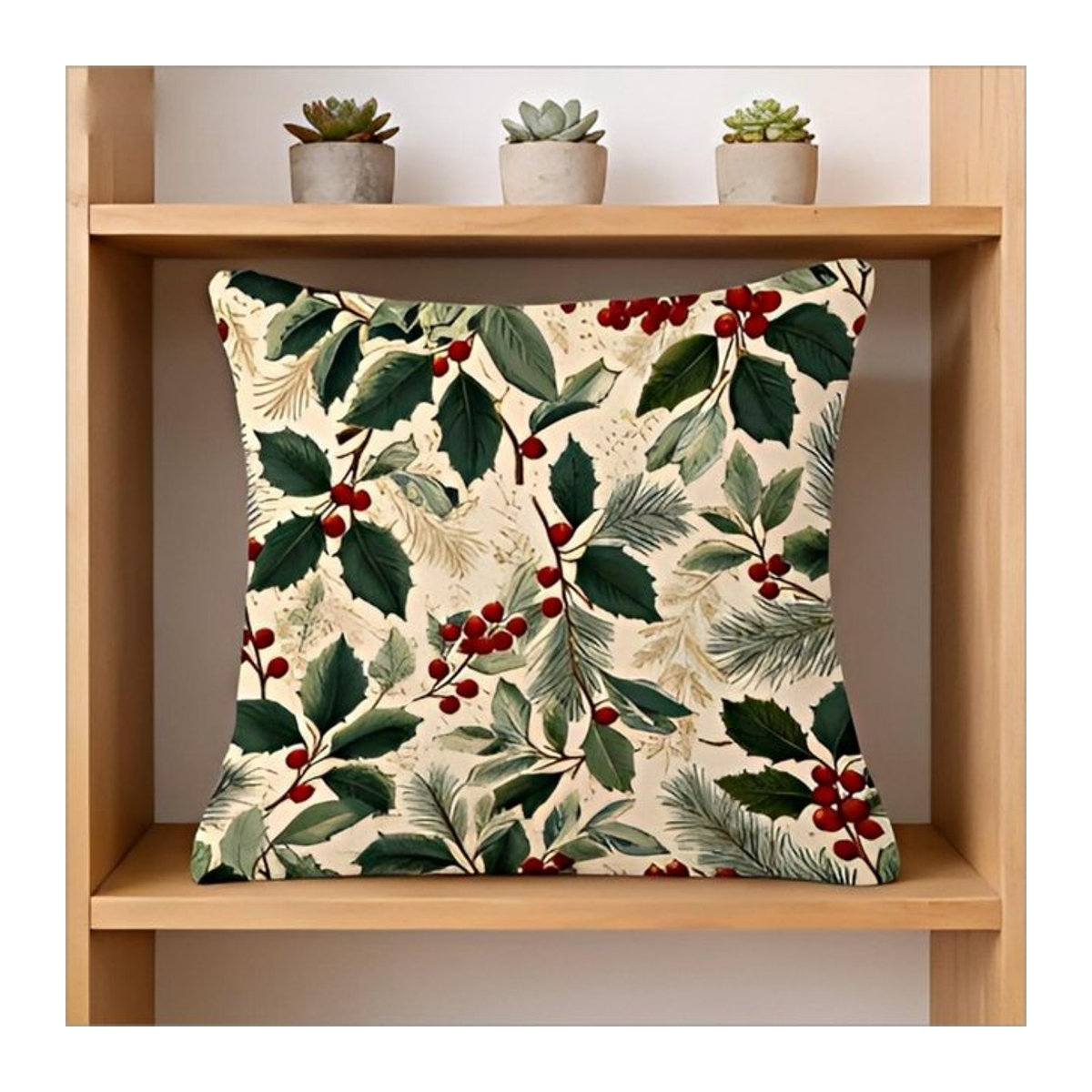 Doppelseitige Weihnachts-Kissenhülle mit Stechpalmen-Beeren-Print in Grün und Rot, Vintage Design, B/B: 18 x 18 cm - Bild 1
