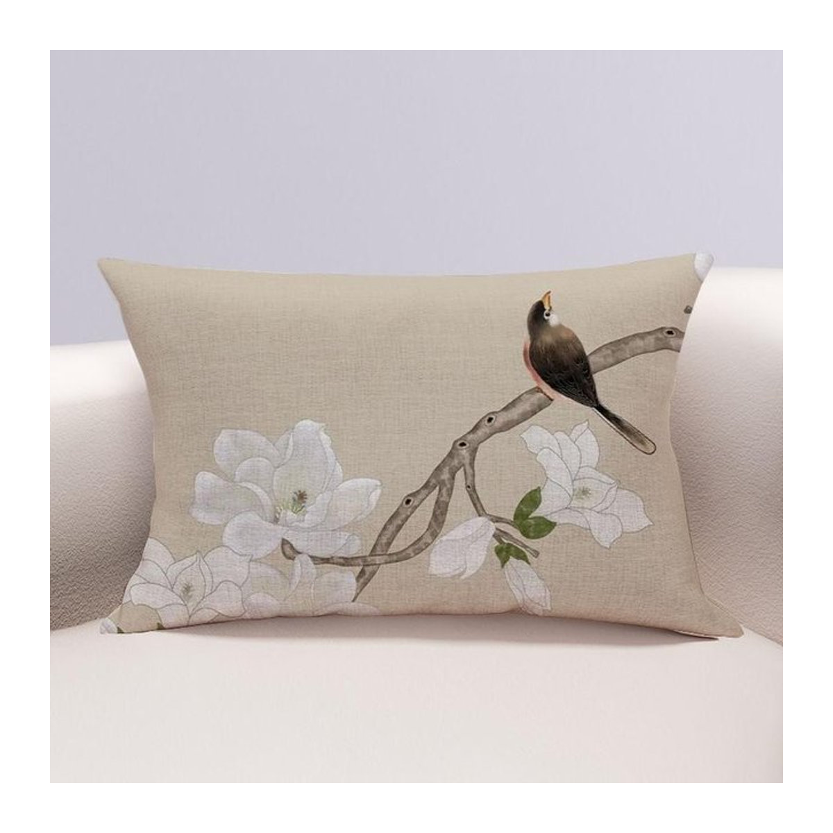 Doppelseitiger Kissenbezug aus Baumwolle und Hanf mit Blumen- und Vogelmotiven von WTEMPO, B/H: 50 x 70 cm - Bild 1