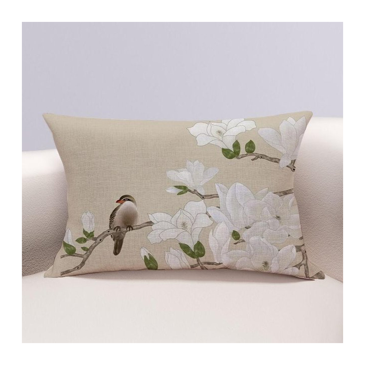 Doppelseitiger Kissenbezug aus Baumwolle und Hanf mit Blumen- und Vogelmotiven von WTEMPO, B/H: 60 x 40 cm - Bild 1