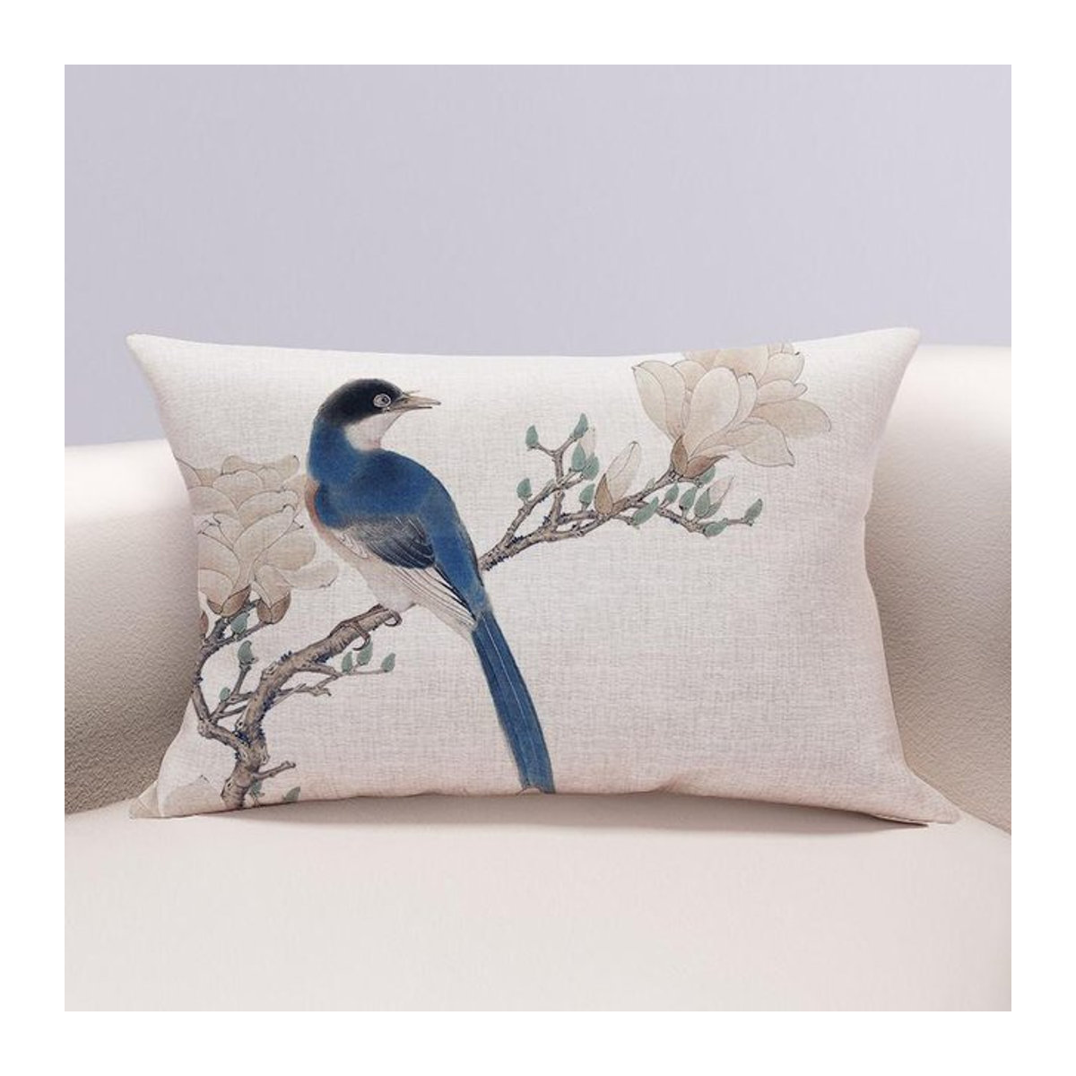 Doppelseitiger Kissenbezug aus Baumwolle und Hanf mit Blumen- und Vogelmotiven von WTEMPO, B/H: 60 x 40 cm - Bild 1