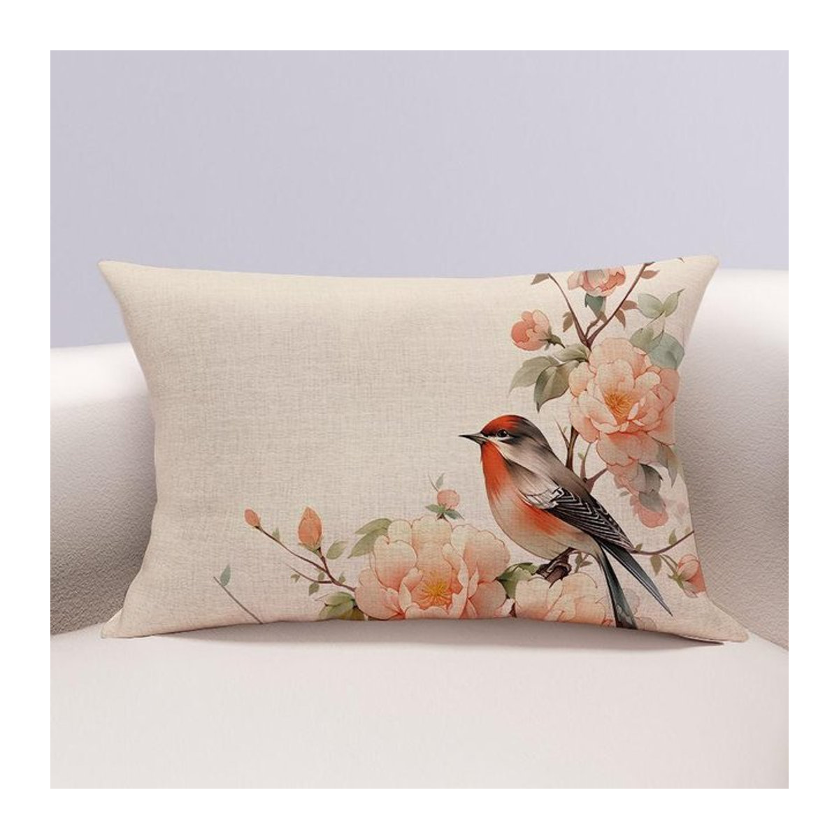 Doppelseitiger Kissenbezug mit Blumen- und Vogelmotiven von WTEMPO aus Baumwolle und Hanf, B/H: 40 x 60 cm - Bild 1