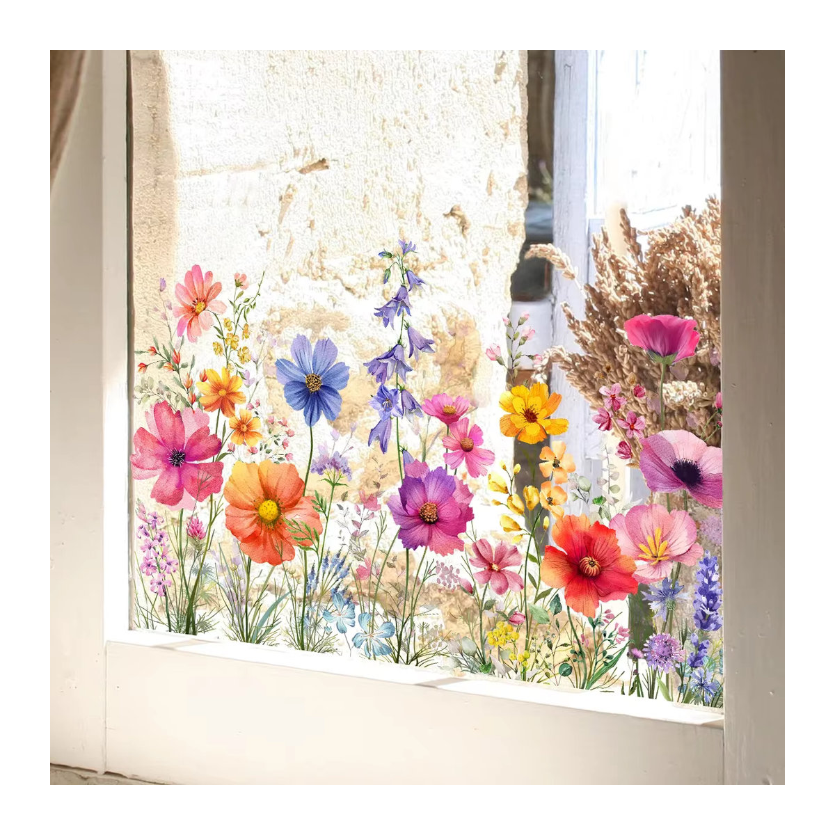 Doppelseitiger Wandaufkleber mit bunten Blumen und Schmetterlingen, elektrostatische Fensterglaspaste in Multicolor, B/H: 60 x 30 cm - Bild 4
