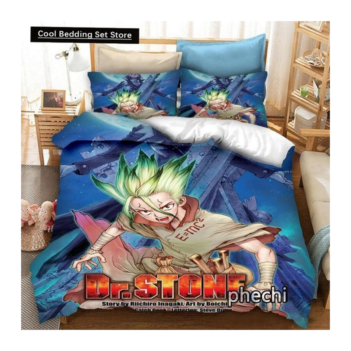 Dr.STONE Anime Bettwäsche-Set mit 3D-Druck, Bettbezug und Kissenbezüge, Breite: 135 cm, Länge: 200 cm - Bild 1