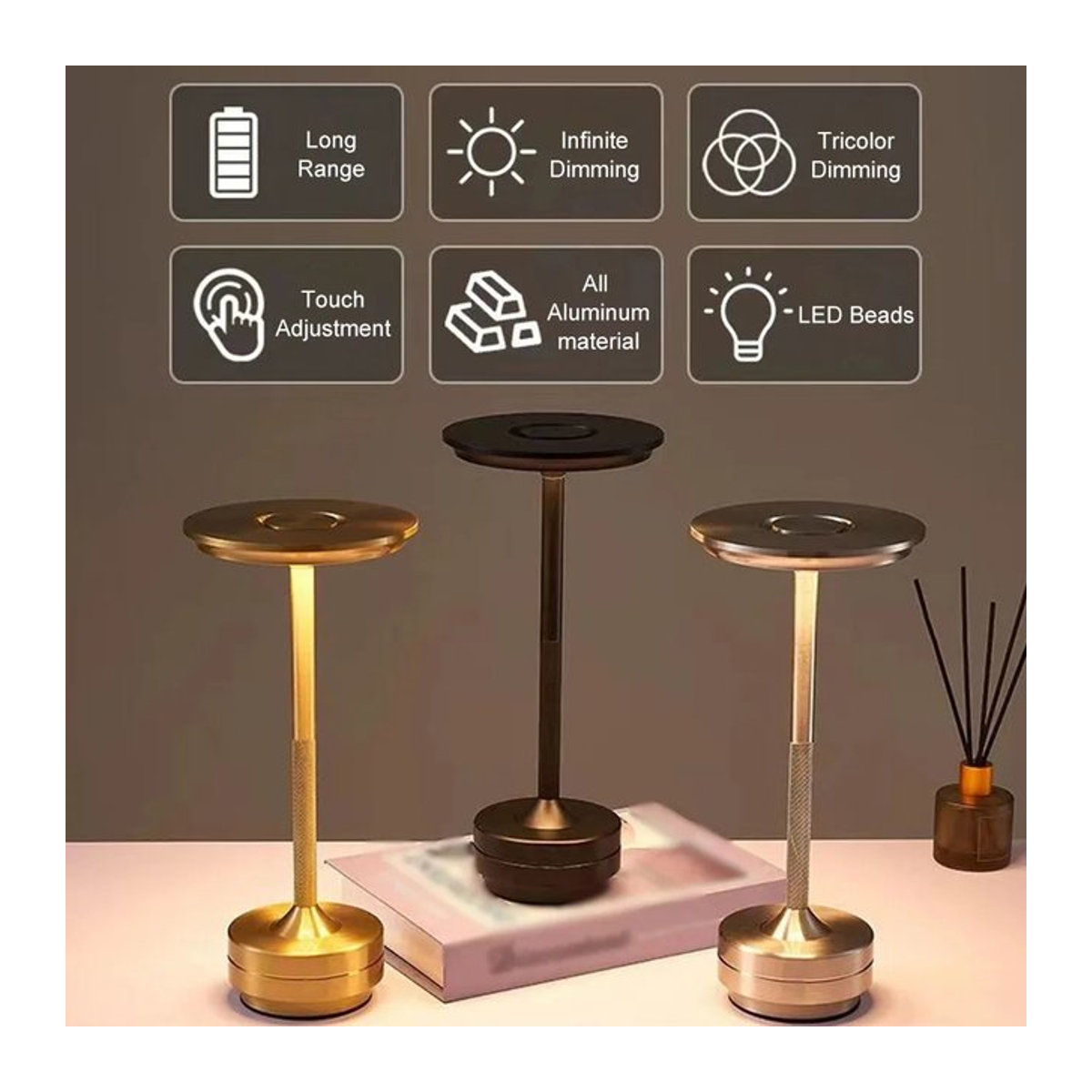 Drahtlose dekorative Tischlampe im Retro-Stil, stufenlos dimmbar und wiederaufladbar, bunt aus Aluminium - Bild 1